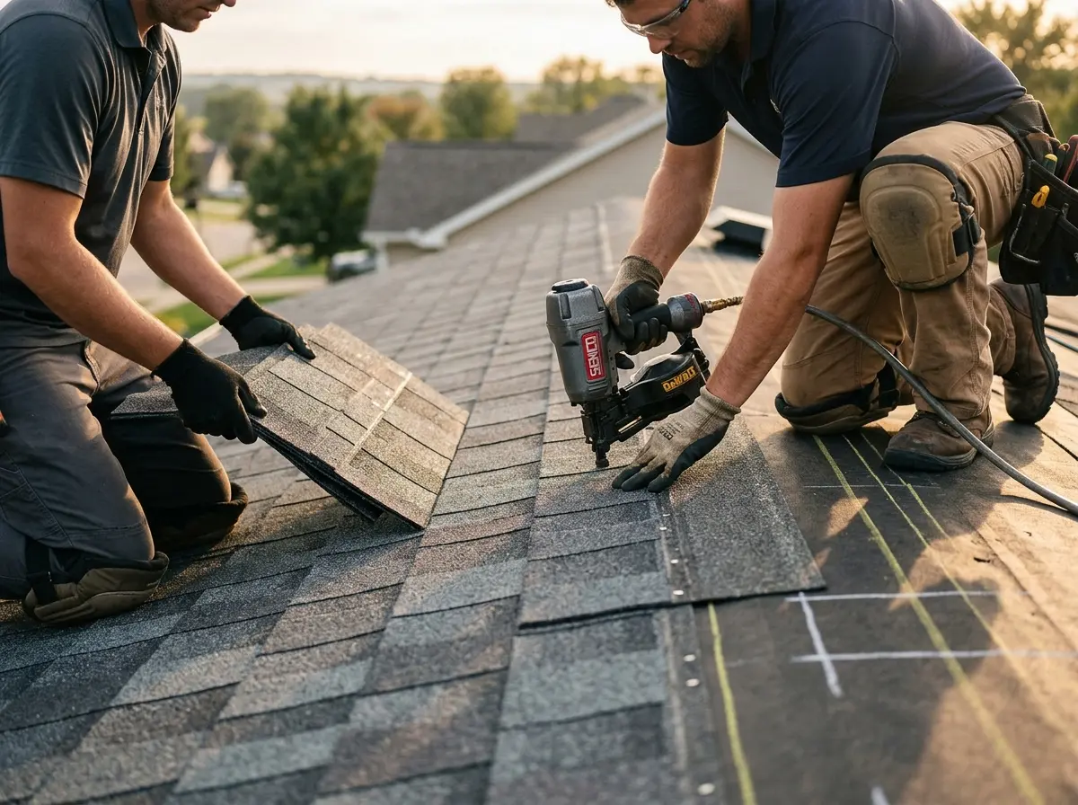 Professional roofer working on a residential roof in Sugar Land